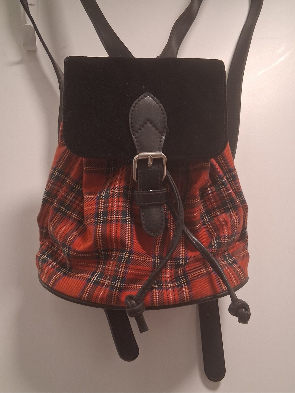 Vintage GAP 90s Red Plaid & Velvet Mini Backpack Drawstring Bag